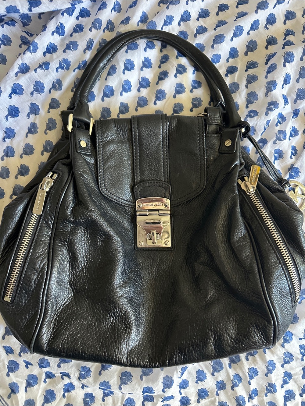 Michael Kors Black Leather Shoulder Bag with Silver Hardware